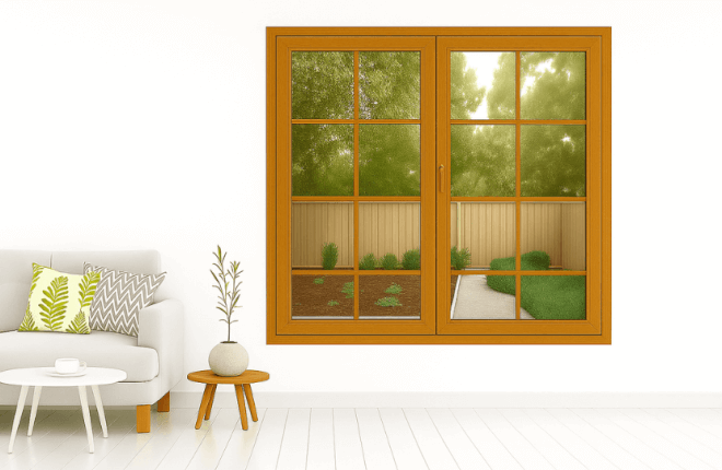 Fenêtre PVC 2 vantaux avec petits bois croisillons chêne doré