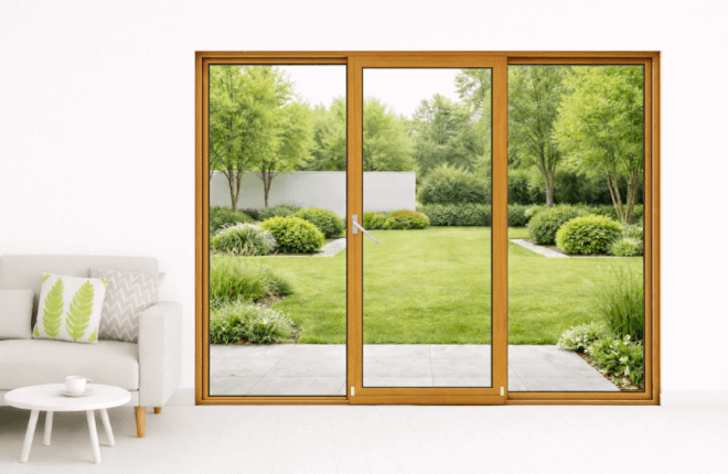 Baie oscillo-coulissante à translation chêne doré