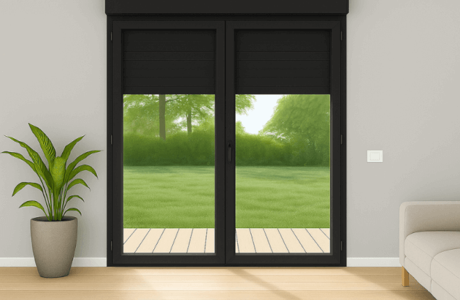 Porte-fenêtre PVC noir 2 vantaux avec volet roulant