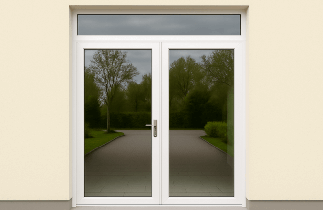 Porte PVC double entièrement vitrée avec imposte vitrée