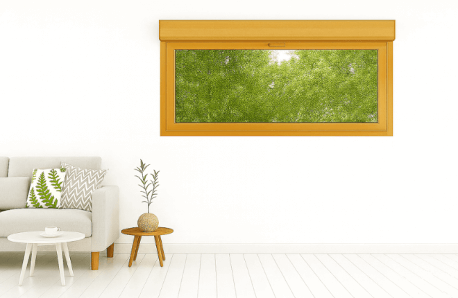 Fenêtre abattant PVC chêne doré avec volet roulant électrique